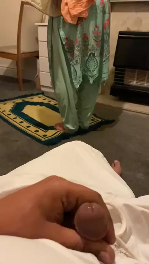 Mazhabi mother prays, son jerks his cut 2” cock Part 1